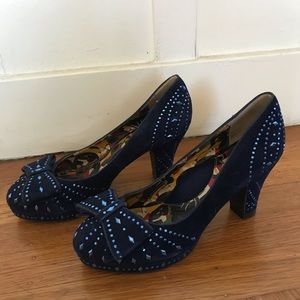 Miss L Fire Dark Blue Embellished Heels GUC sz 40 9 1940s style pumps